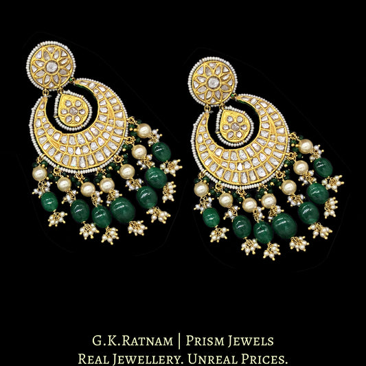 23k Gold and Diamond Polki Chand Bali Earring Pair with chandelier-like stringing of pearls and emerald-grade beryls - G. K. Ratnam
