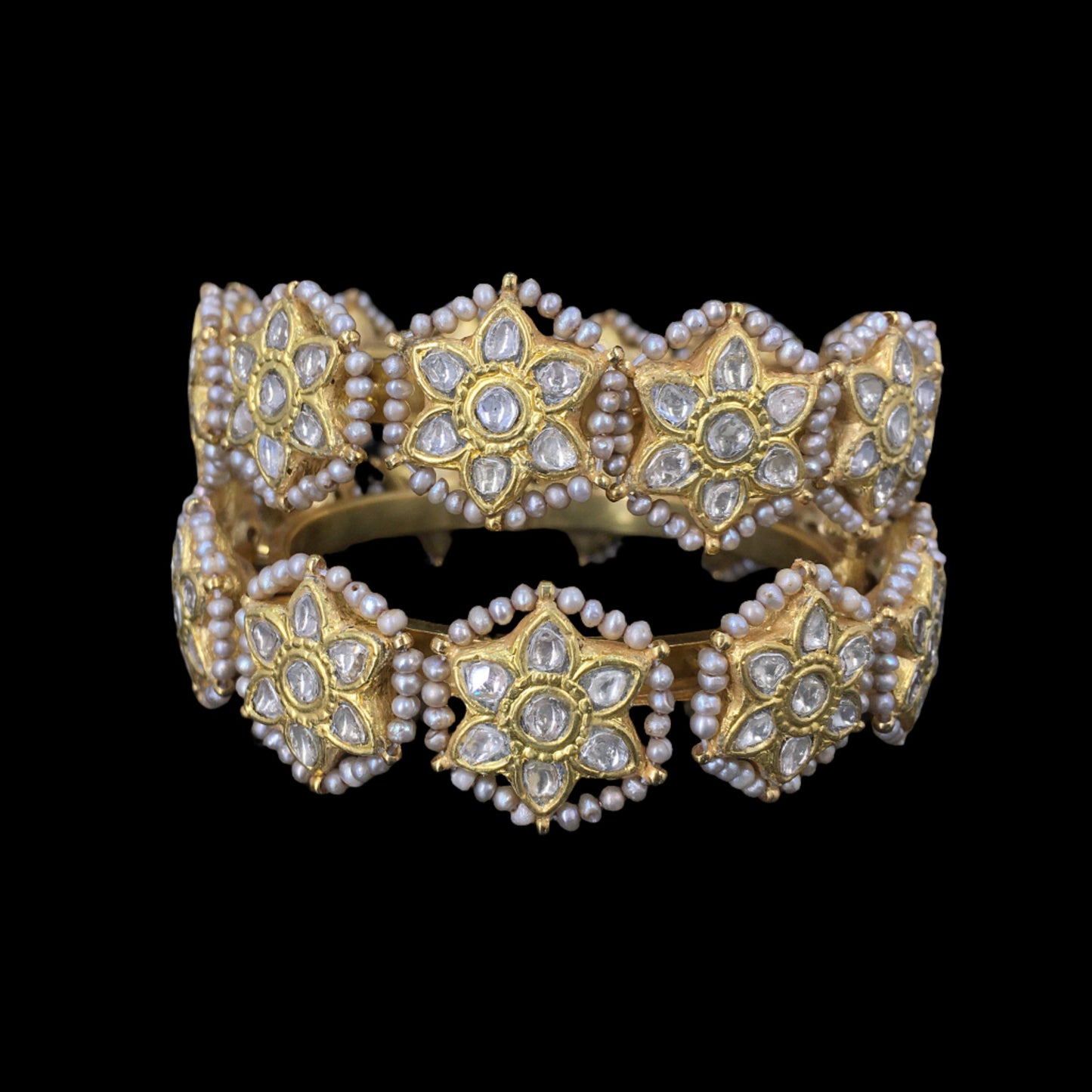 23k Gold and Diamond Polki Bangle Pair (Pacheli) with Antiqued Freshwater Pearls