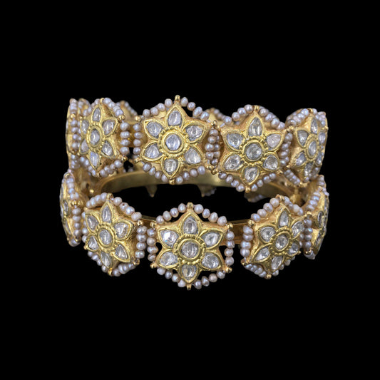 23k Gold and Diamond Polki Bangle Pair (Pacheli) with Antiqued Freshwater Pearls