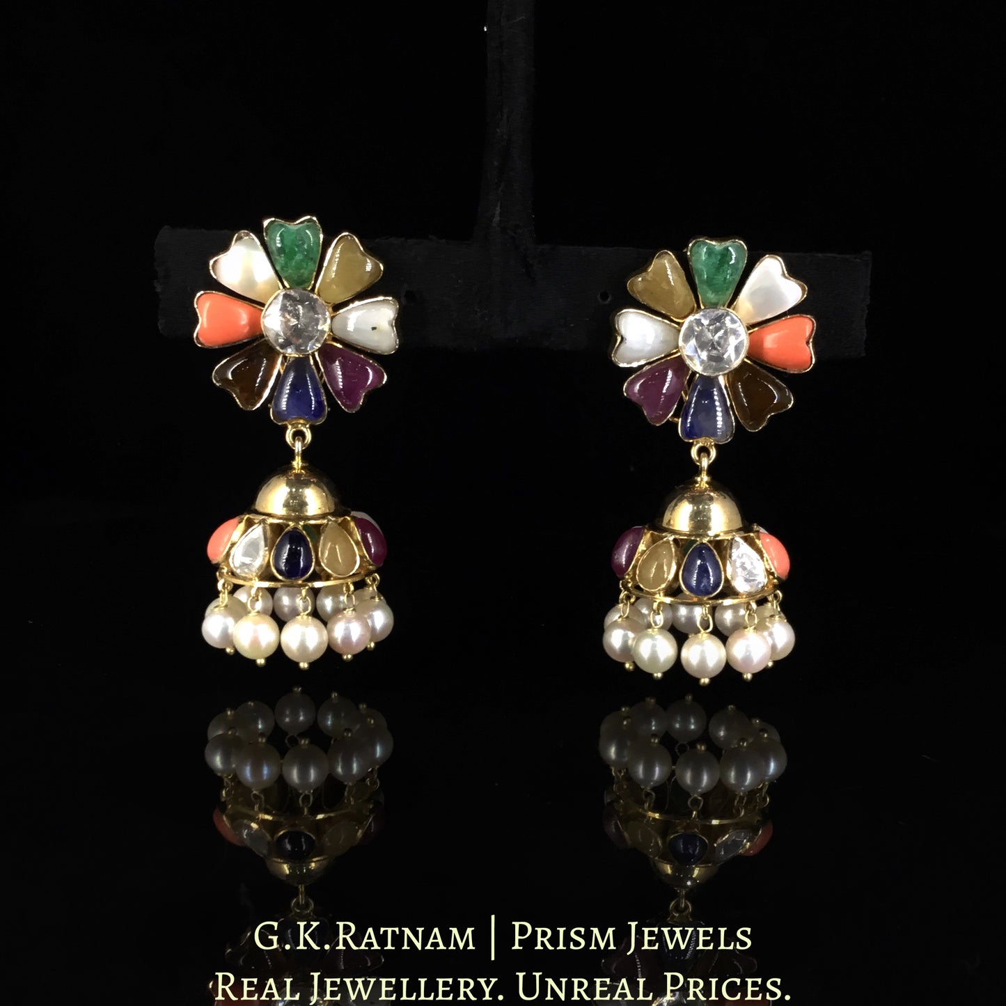18k Gold and Diamond Polki Navratna Jhumki Earrings