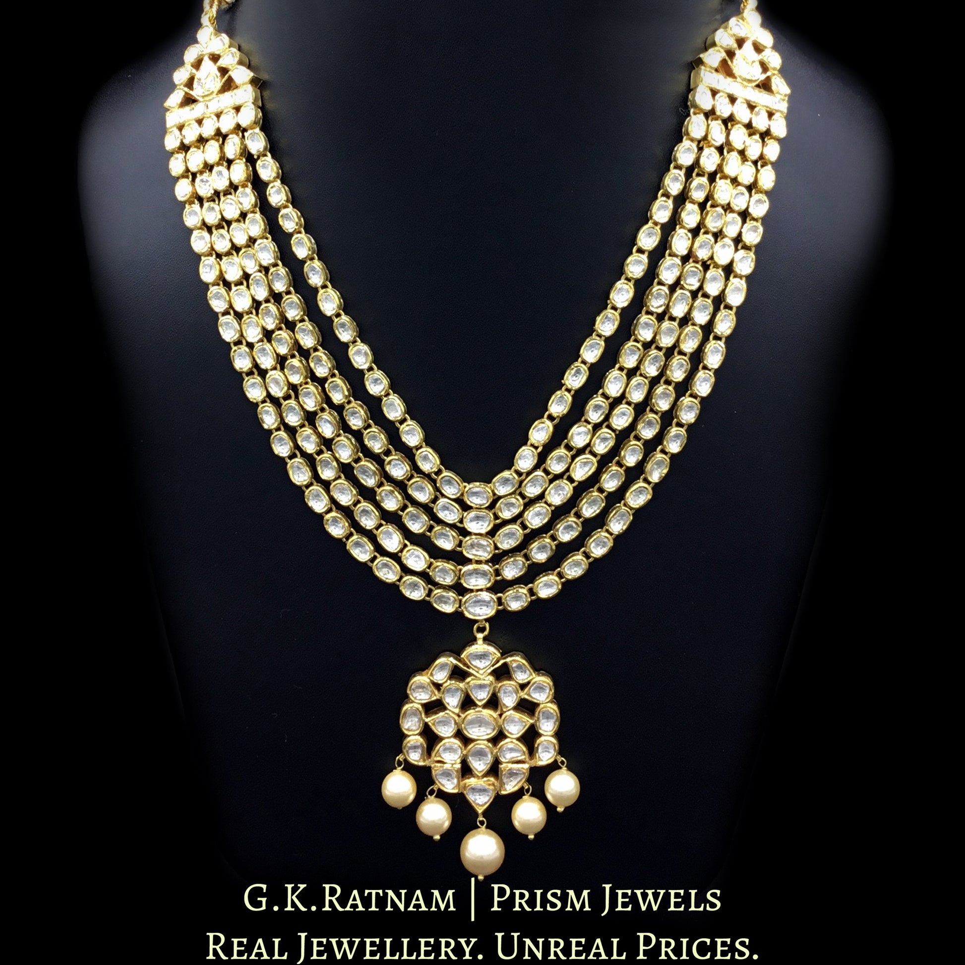 Traditional Gold and Diamond Polki five-line Necklace Set with south-sea-like pearls - G. K. Ratnam