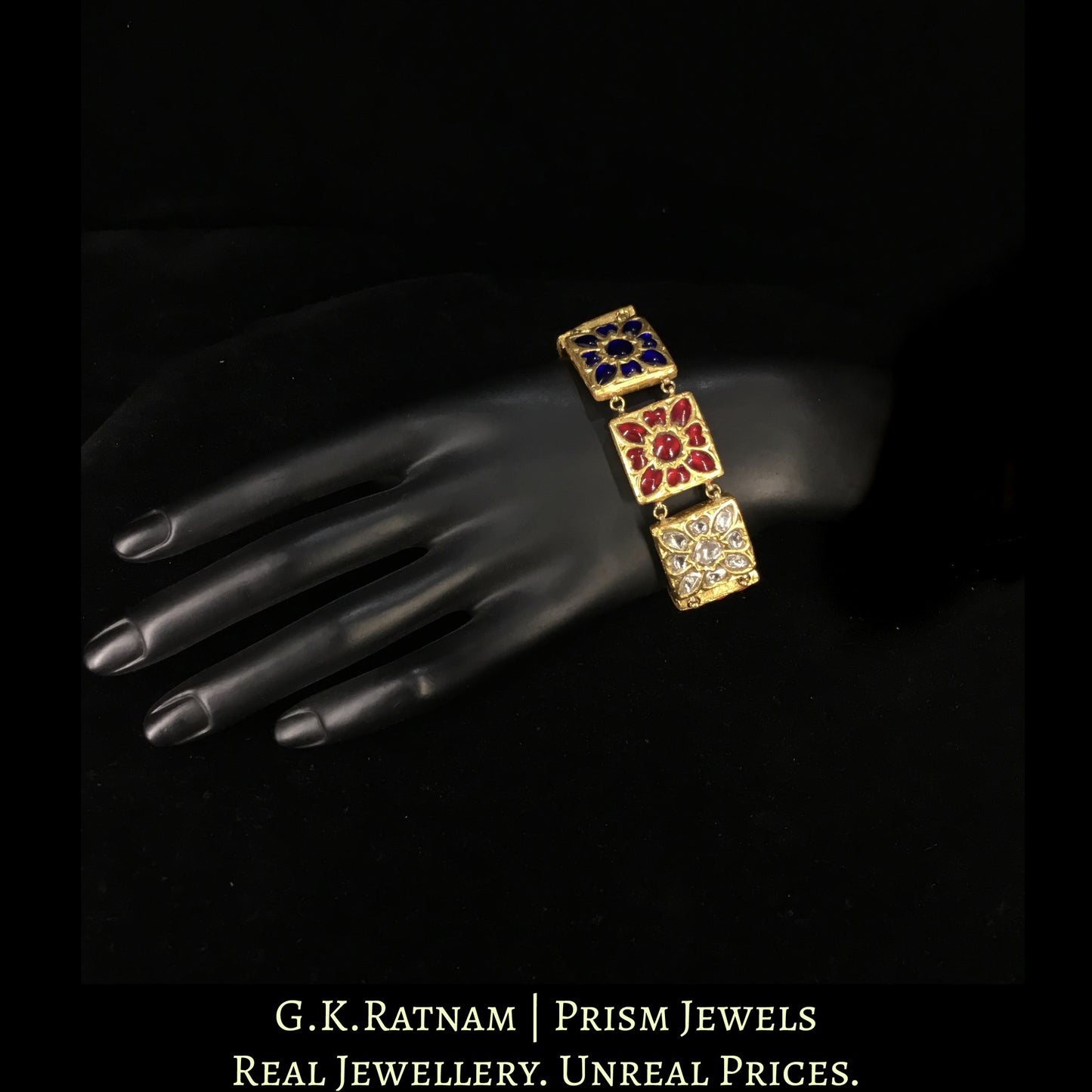 23k Gold and Diamond Polki Square Bracelet with Navratna Stones