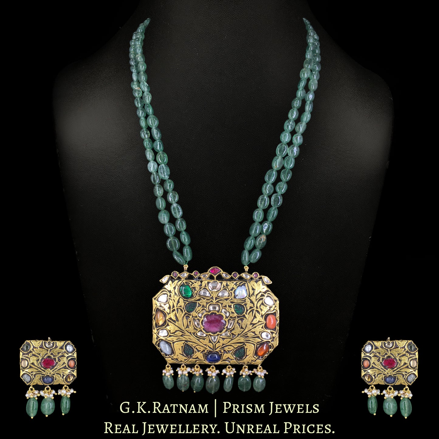 23k Gold and Diamond Polki Navratna Octagonal Pendant Set with Strawberry Quartz - G. K. Ratnam