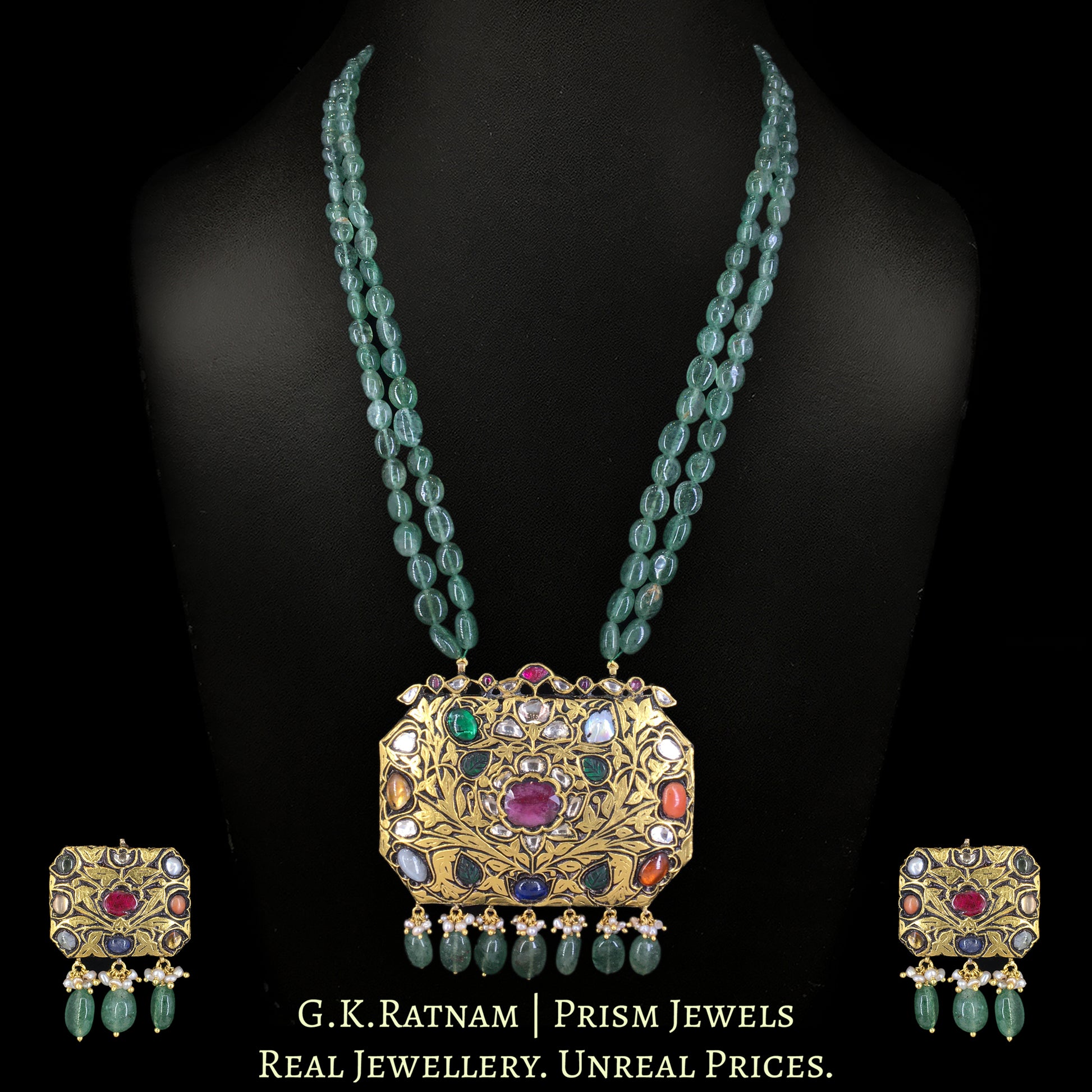 23k Gold and Diamond Polki Navratna Octagonal Pendant Set with Strawberry Quartz - G. K. Ratnam