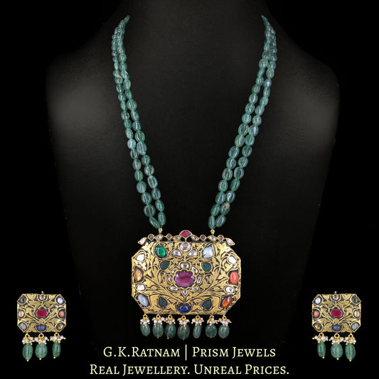 23k Gold and Diamond Polki Navratna Octagonal Pendant Set with Strawberry Quartz - G. K. Ratnam