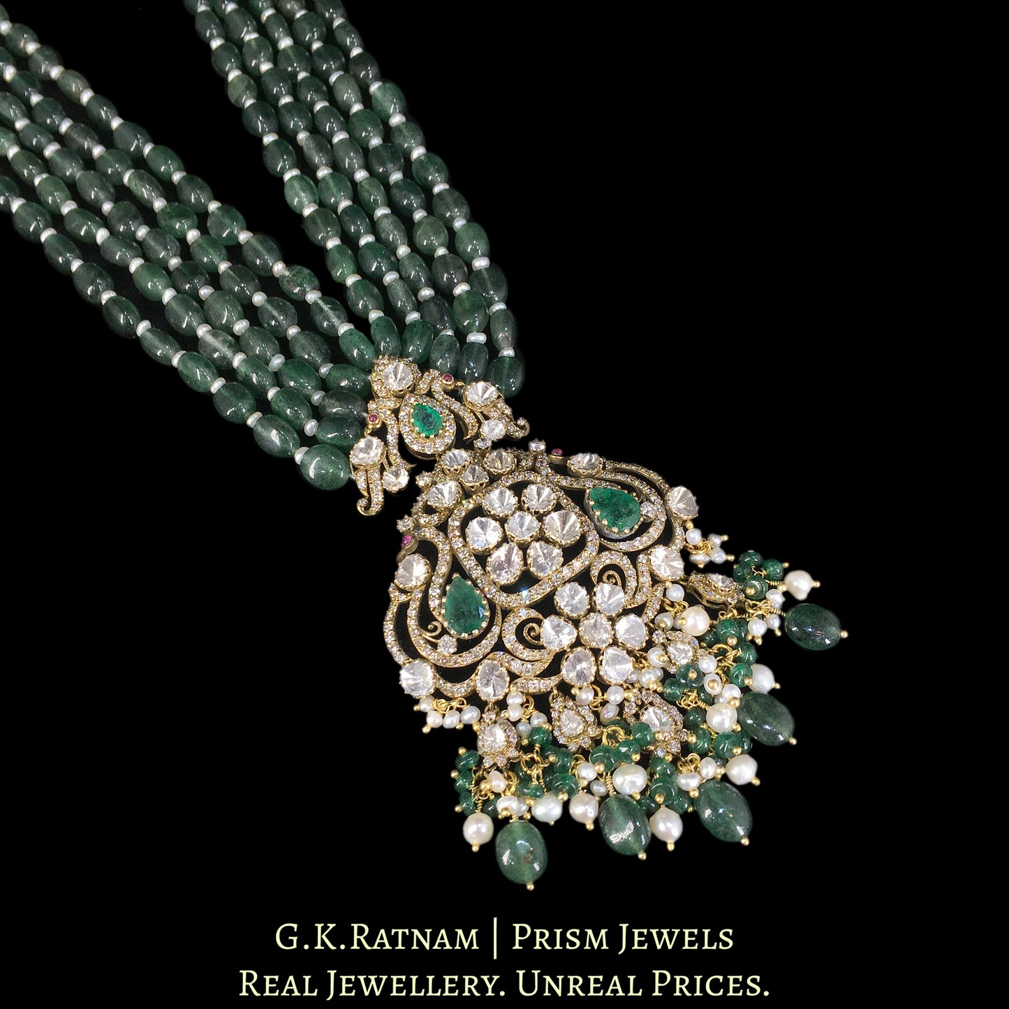18k Gold and Diamond Polki Open Setting victorian-finish Pendant with Strawberry Quartz and Pearls
