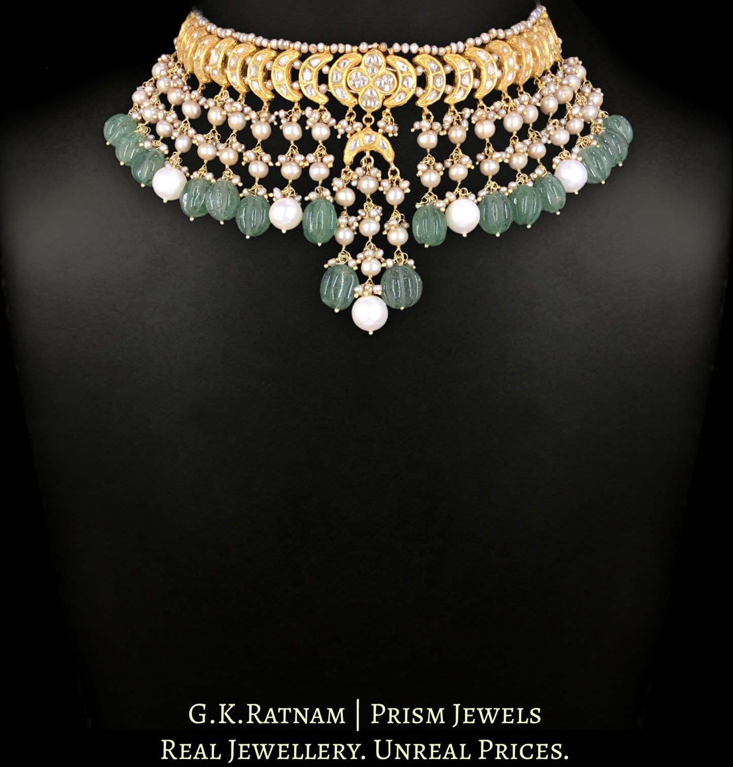 23k Gold and Diamond Polki Choker Necklace Set with Antiqued Freshwater Pearls and hand-carved Melons