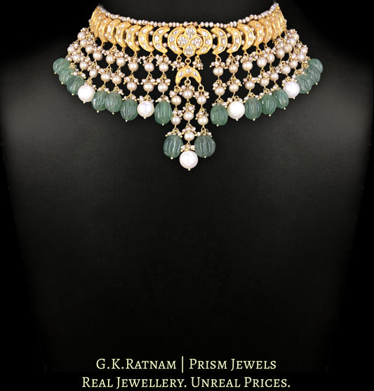 23k Gold and Diamond Polki Choker Necklace Set with Antiqued Freshwater Pearls and hand-carved Melons