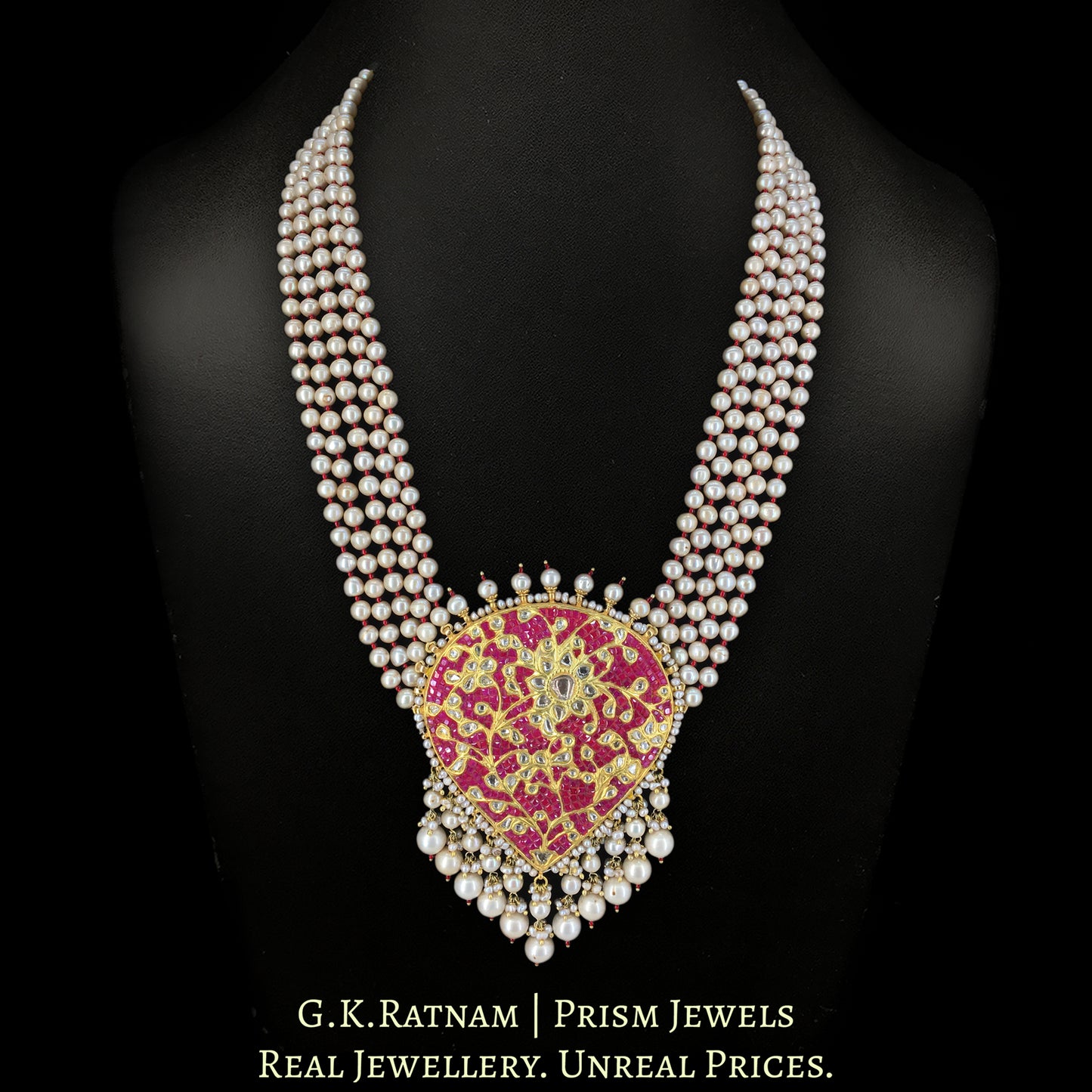 23k Gold and Diamond Polki Pendant Set with Rubies and Antiqued Hyderabadi Pearls