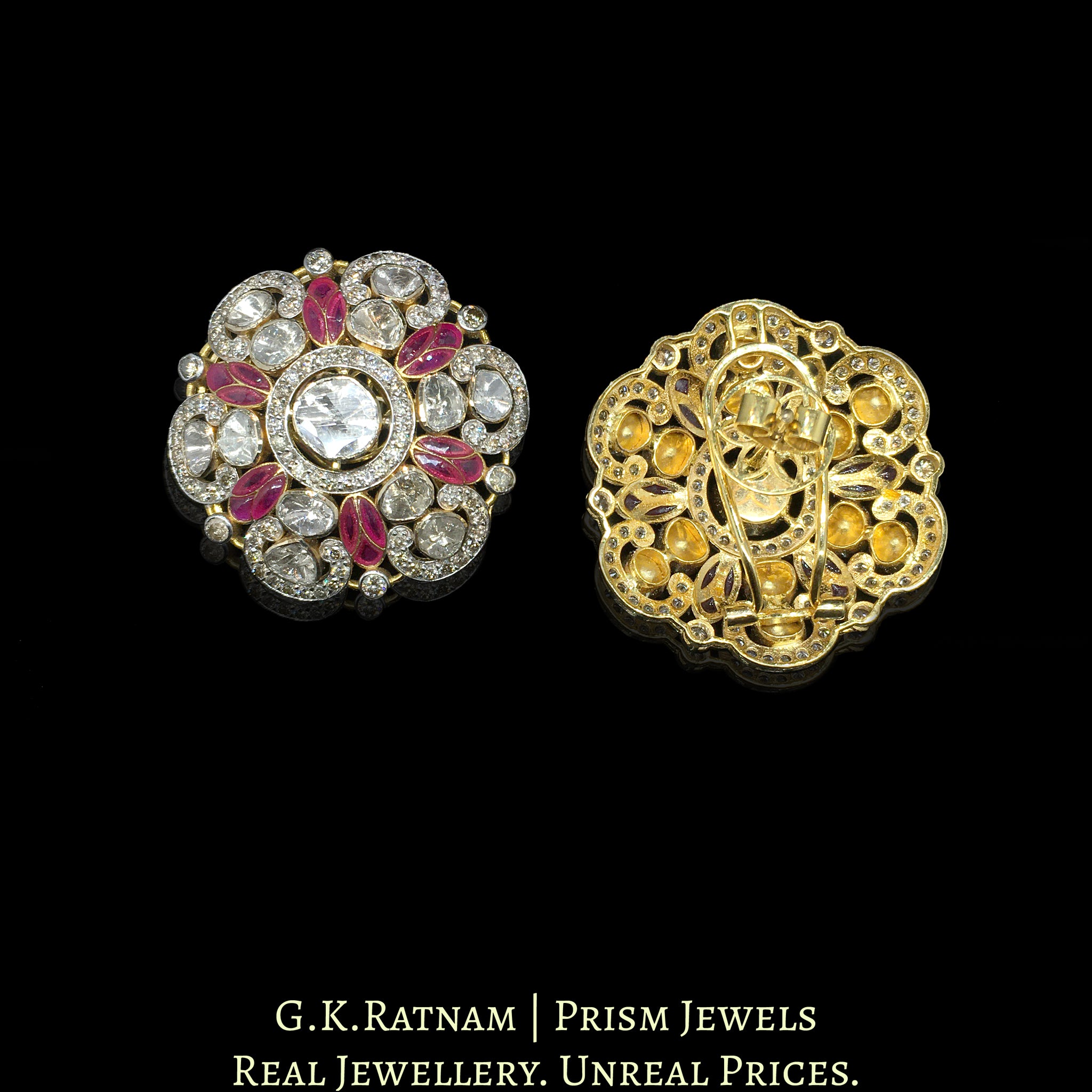 14k Gold and Diamond Polki Open Setting Karanphool Earring Pair with Rubies