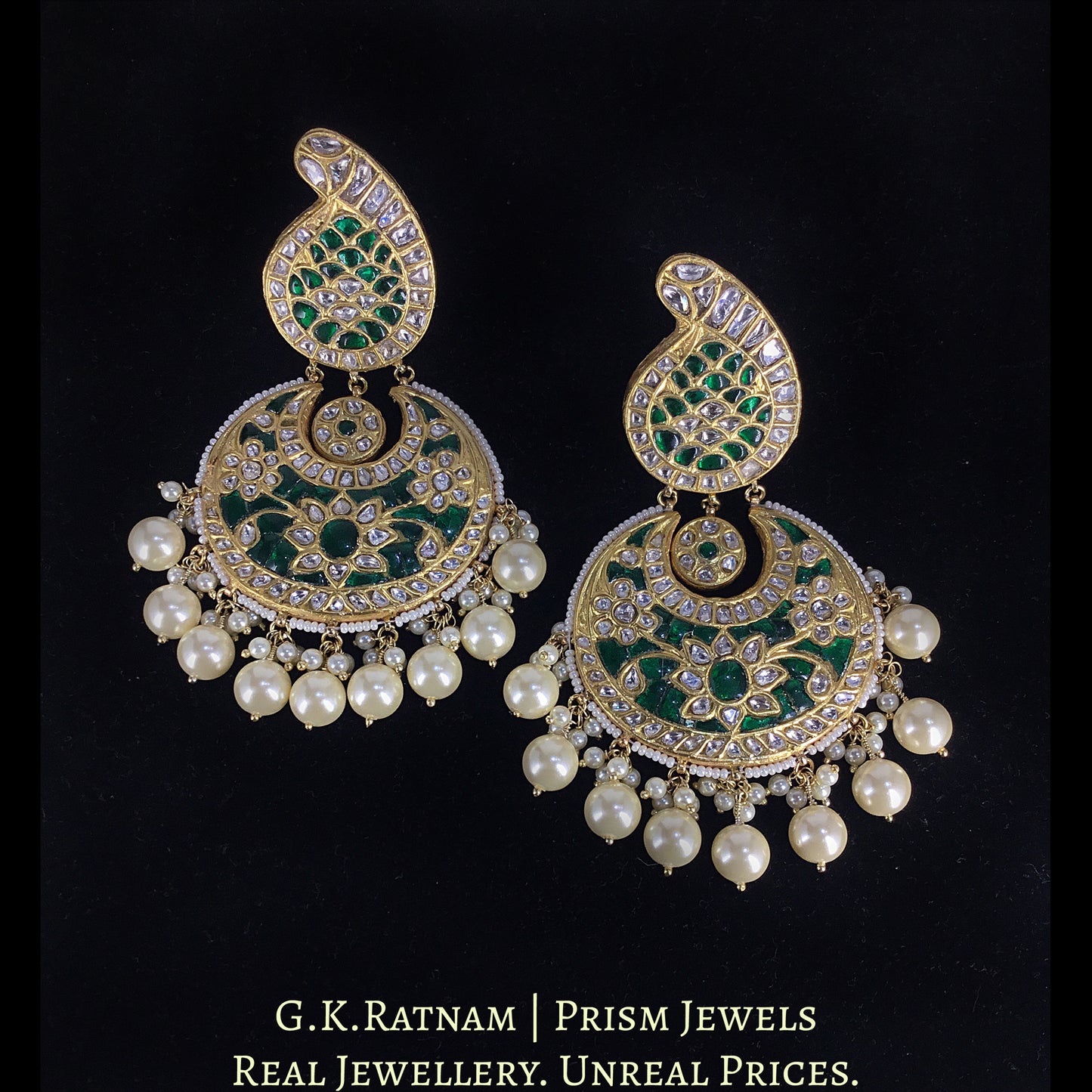 23k Gold and Diamond Polki Green Chand Bali Earrings with Pearls