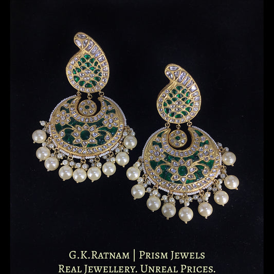 23k Gold and Diamond Polki Green Chand Bali Earrings with Pearls