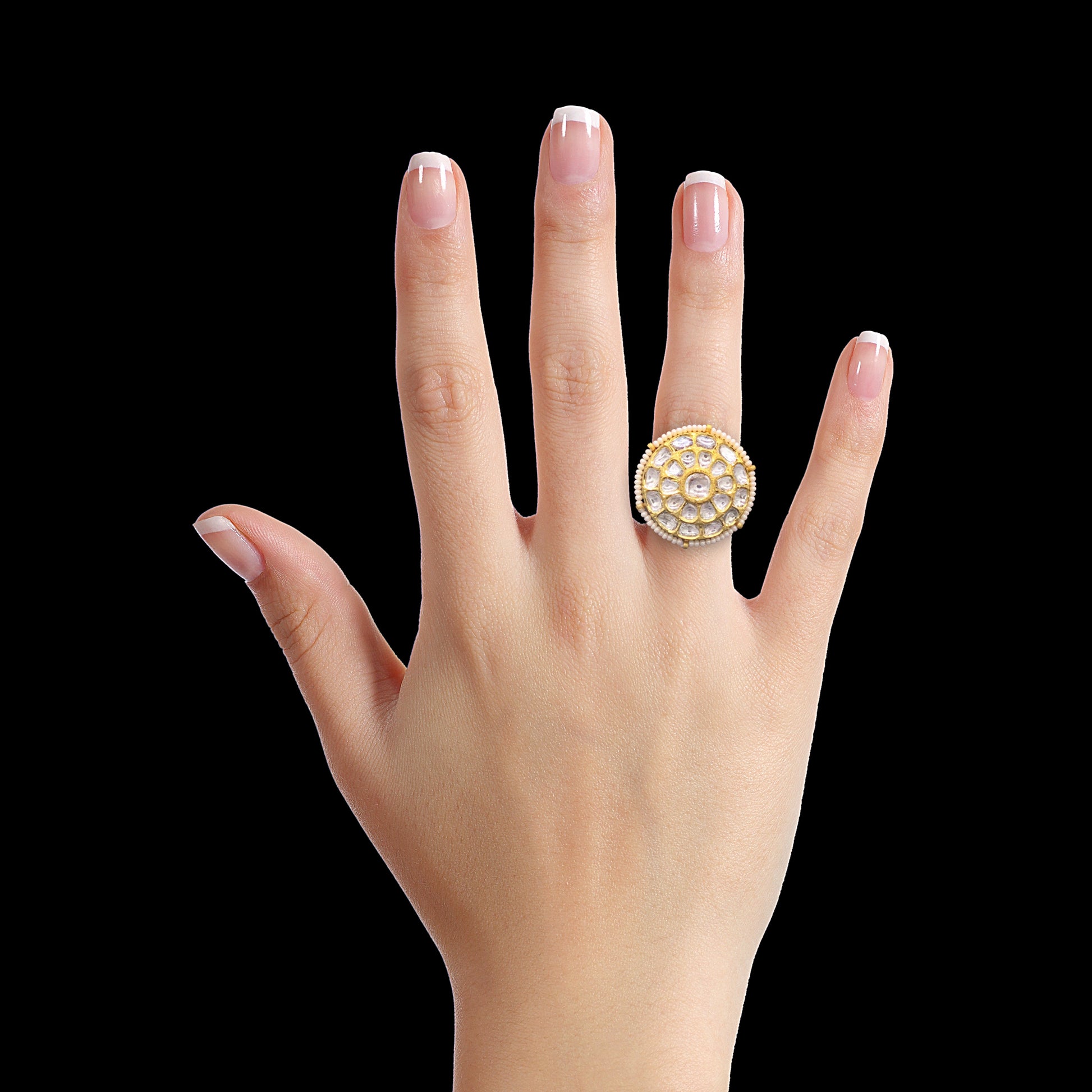 18k Gold and Diamond Polki Round Ring with Chid Pearl Outlining - G. K. Ratnam