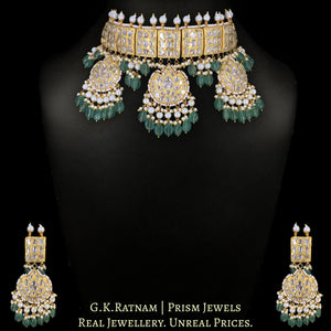 23k Gold and Diamond Polki Choker Necklace Set with Chand Hangings