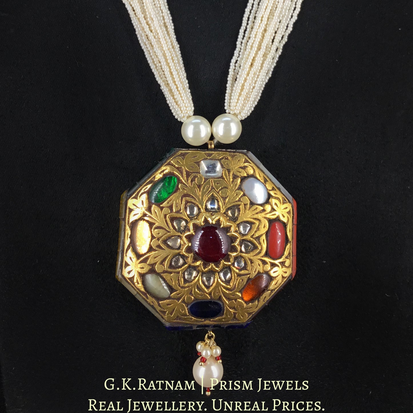 23k Gold and Diamond Polki Octagonal Navratan Pendant With chid pearl bunches - G. K. Ratnam