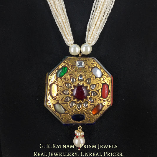 23k Gold and Diamond Polki Octagonal Navratan Pendant With chid pearl bunches - G. K. Ratnam