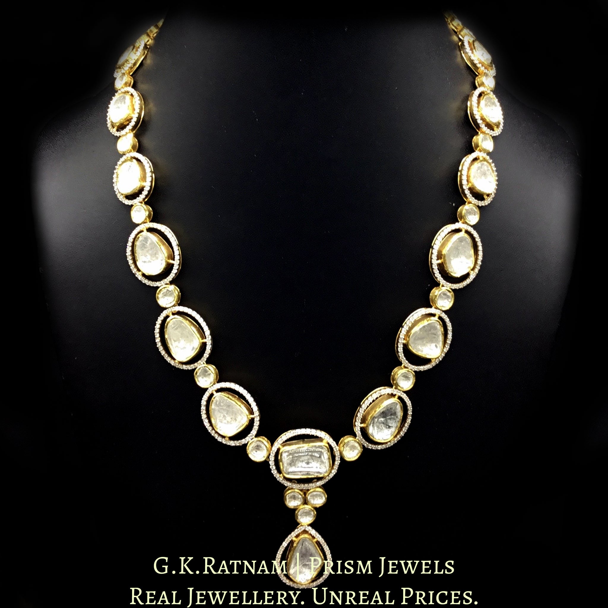 14k Gold and Diamond Polki Fusion Single Line Necklace Set with big uncut diamonds surrounded by cut diamonds