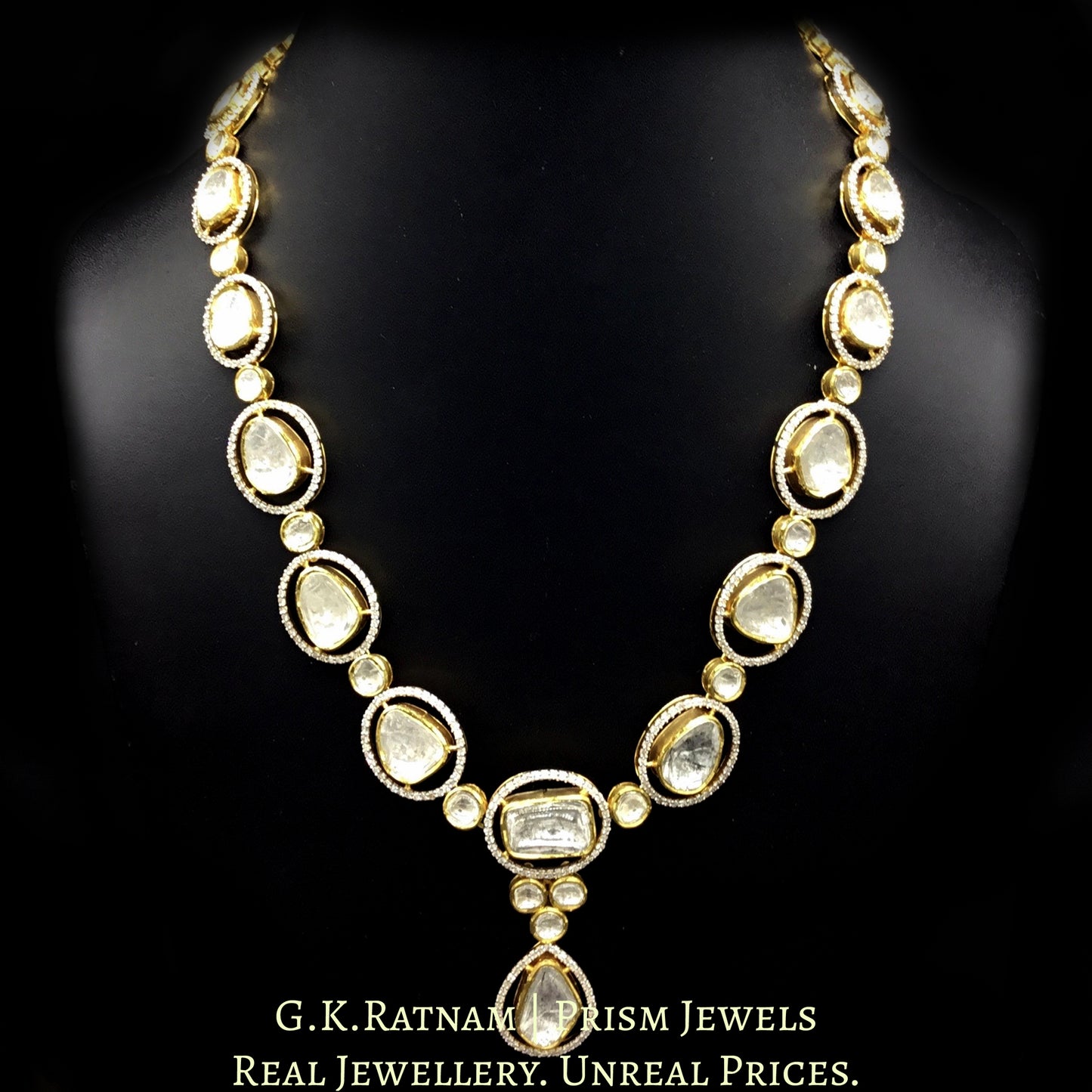14k Gold and Diamond Polki Fusion Single Line Necklace Set with big uncut diamonds surrounded by cut diamonds - G. K. Ratnam