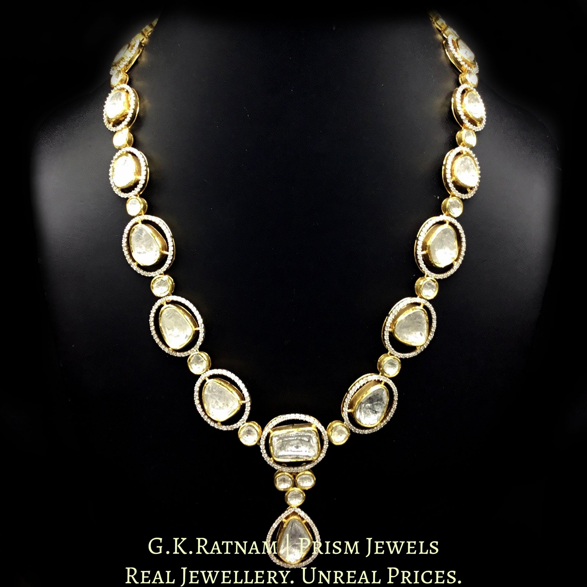 14k Gold and Diamond Polki Fusion Single Line Necklace Set with big uncut diamonds surrounded by cut diamonds - G. K. Ratnam