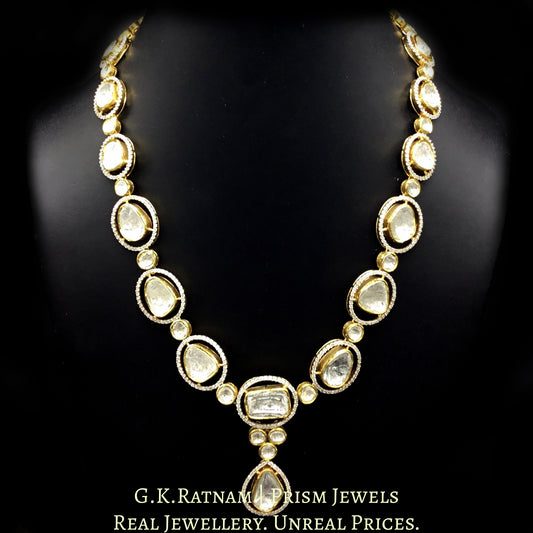 14k Gold and Diamond Polki Fusion Single Line Necklace Set with big uncut diamonds surrounded by cut diamonds - G. K. Ratnam