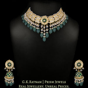 23k Gold and Diamond Polki Choker Necklace Set with basra-like Antiqued Pearls and hand-carved Melons