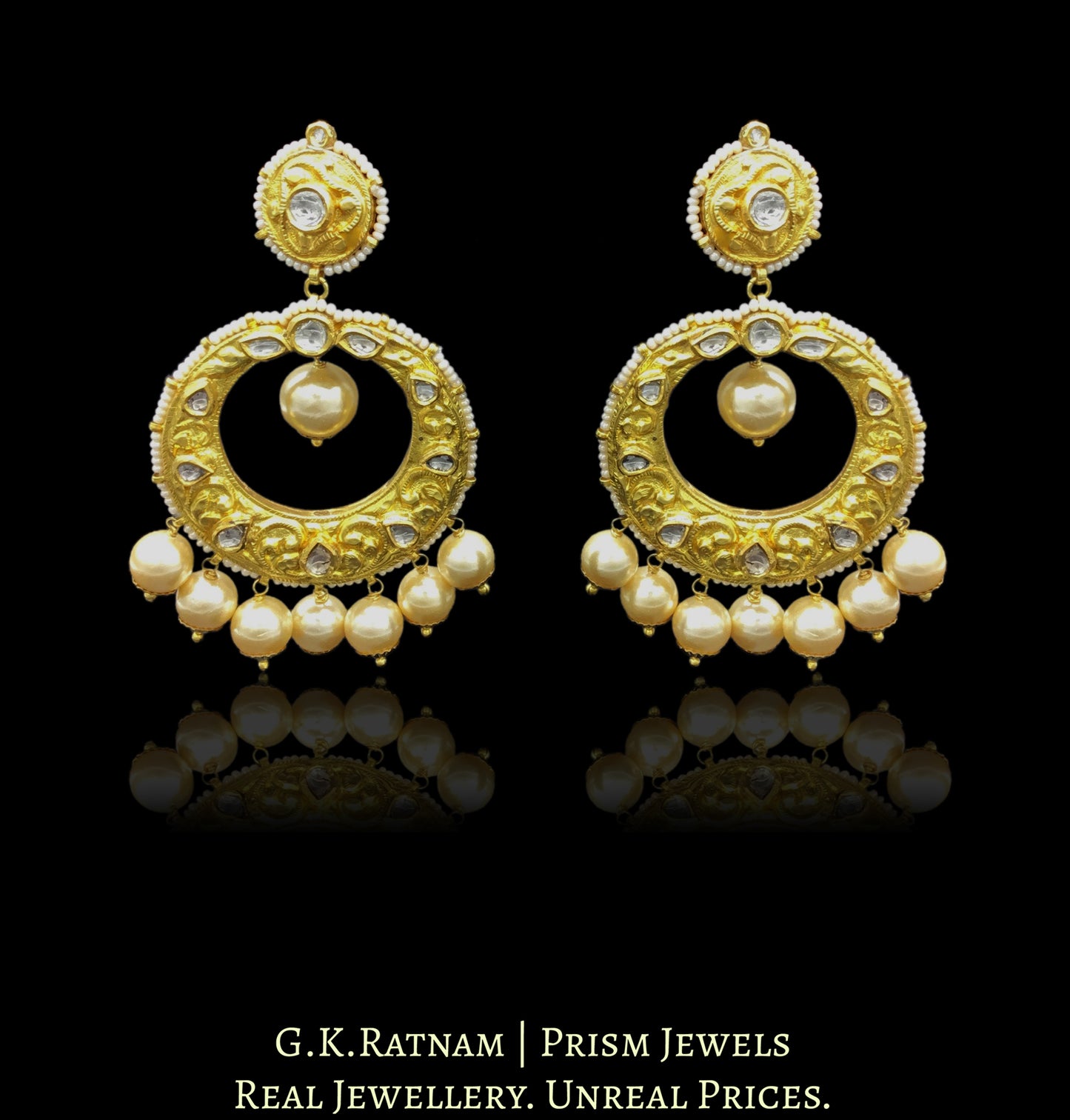 18k Gold and Diamond Polki Chand Bali Earring Pair with Chitai - G. K. Ratnam