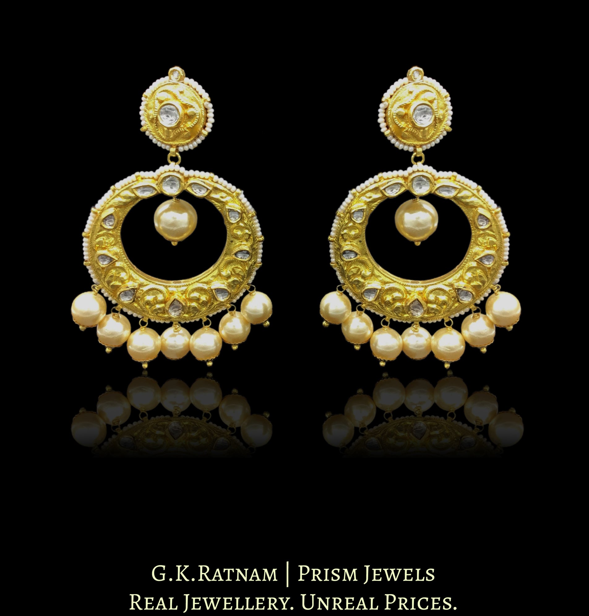 18k Gold and Diamond Polki Chand Bali Earring Pair with Chitai - G. K. Ratnam