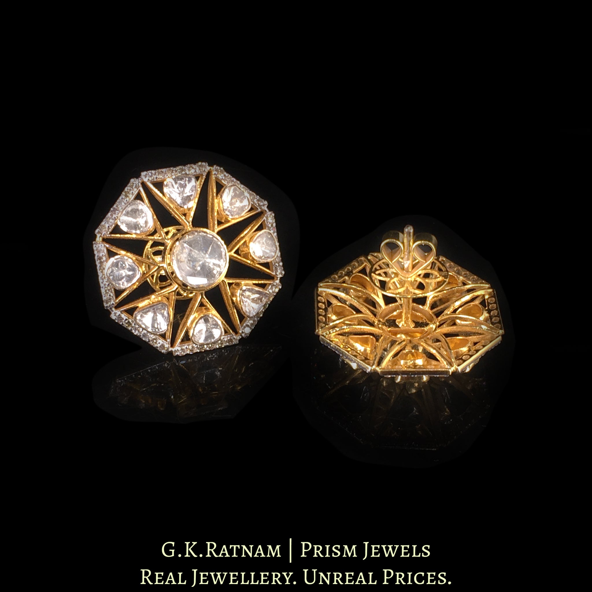 14k Gold and Diamond Polki Open Setting Octagonal Karnfool Earring Pair
