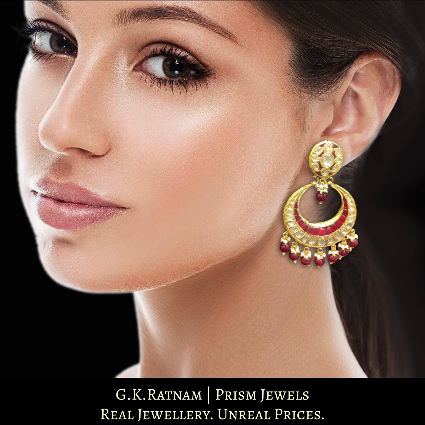 23k Gold and Diamond Polki Chand Bali Earring pair with round ruby-red beads