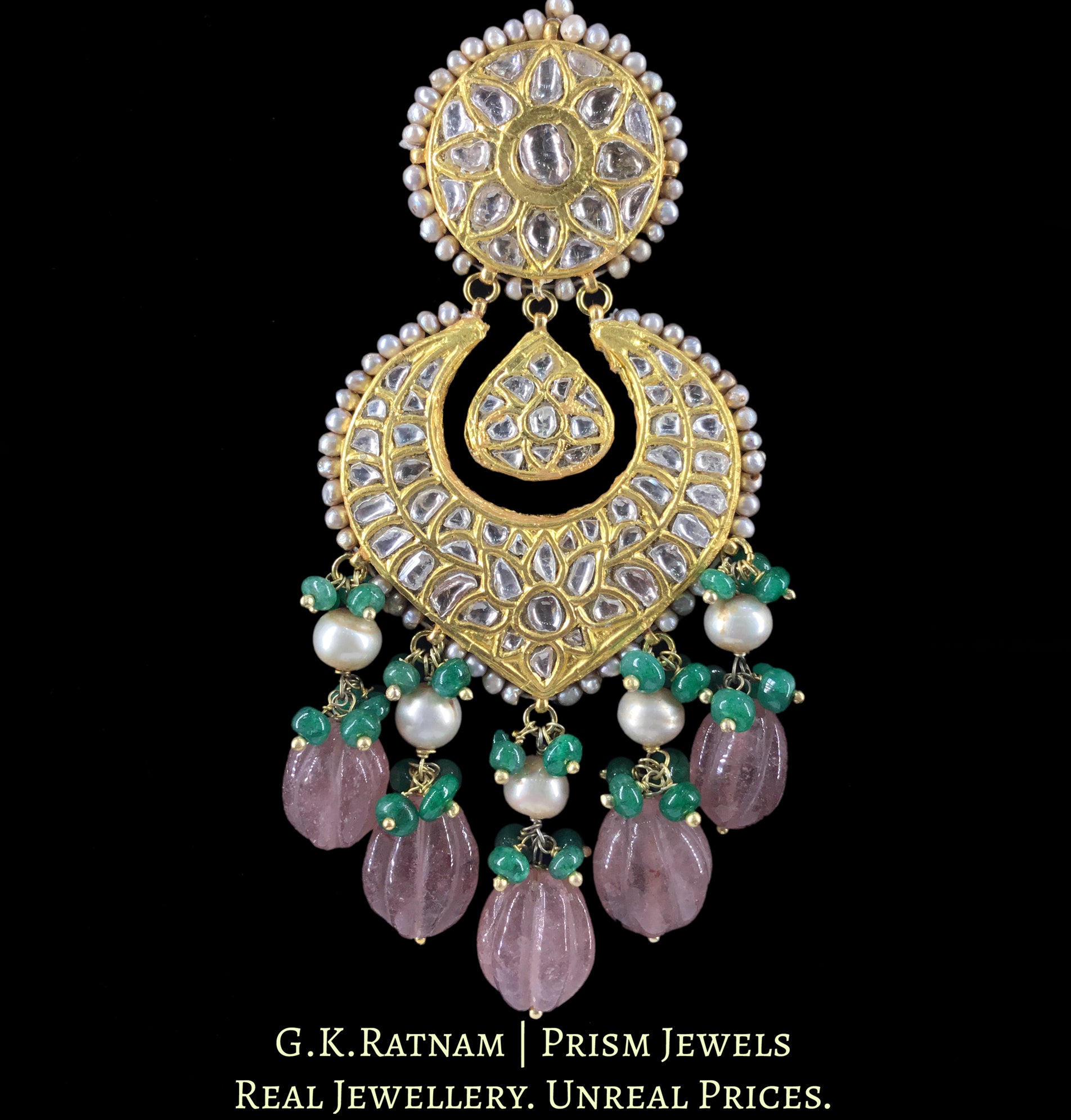 23k Gold and Diamond Polki Maang Tika With Green Beryls and Red Strawberry Quartz Melons - G. K. Ratnam