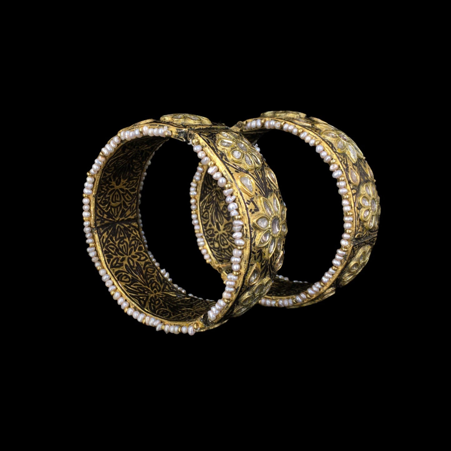 23k Gold and Diamond Polki antique-finish Bangle Pair - G. K. Ratnam
