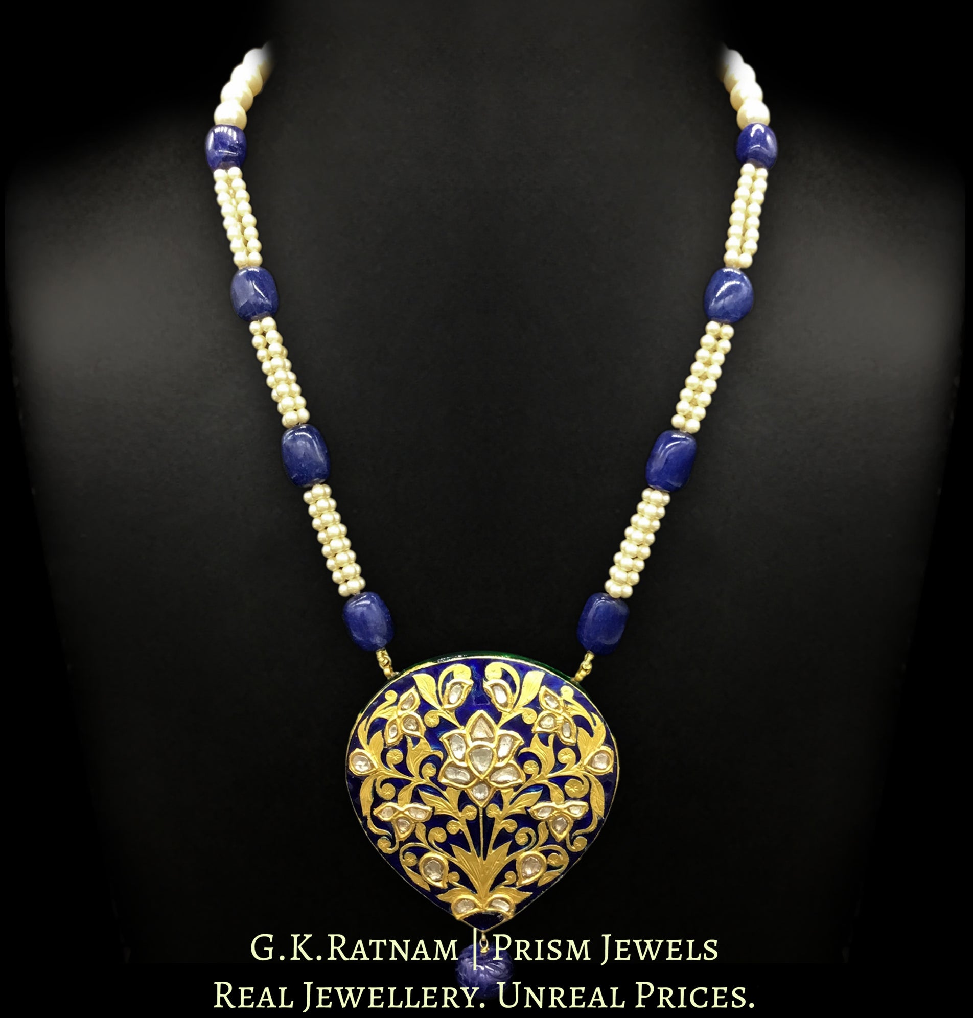 23k Gold and Diamond Polki tilak-shaped Pendant with blue enamelling and intricate goldwork - G. K. Ratnam