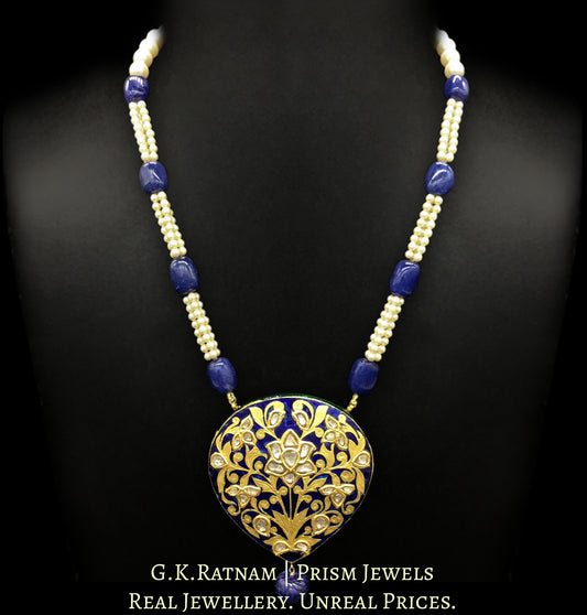 23k Gold and Diamond Polki tilak-shaped Pendant with blue enamelling and intricate goldwork - G. K. Ratnam