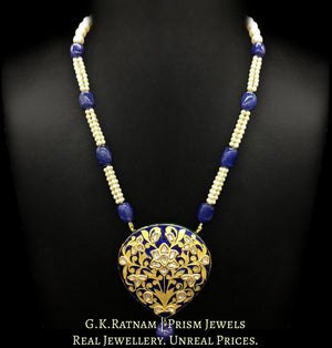 23k Gold and Diamond Polki tilak-shaped Pendant with blue enamelling and intricate goldwork - G. K. Ratnam