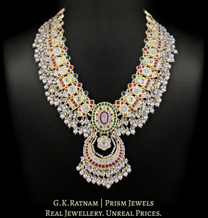 23k Gold and Diamond Polki south-style Long Necklace Set with basra-like Freshwater Pearls