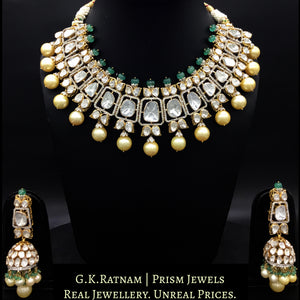14K Gold and Diamond Polki Open Setting Necklace Set With emerald-grade Beryls and Pearls