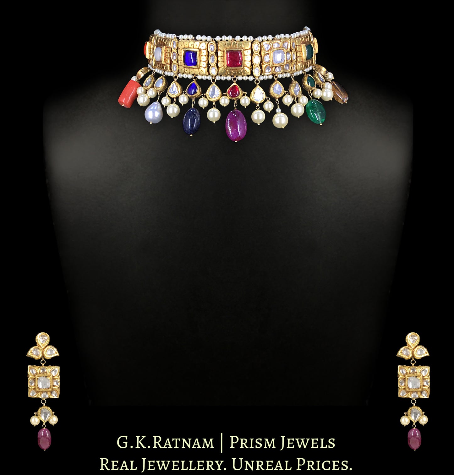 23k Gold and Diamond Polki Navratna Choker Necklace Set