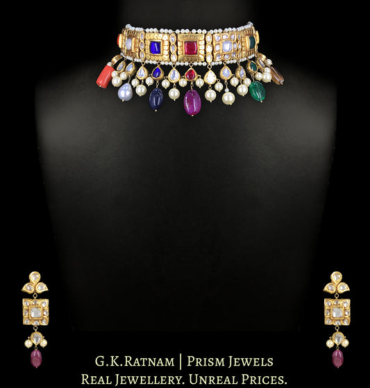 23k Gold and Diamond Polki Navratna Choker Necklace Set