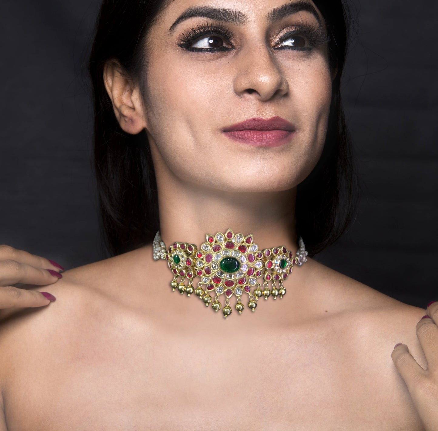 18k Gold and Diamond Polki south-style Choker Necklace with Antiqued Freshwater Pearl Bunches