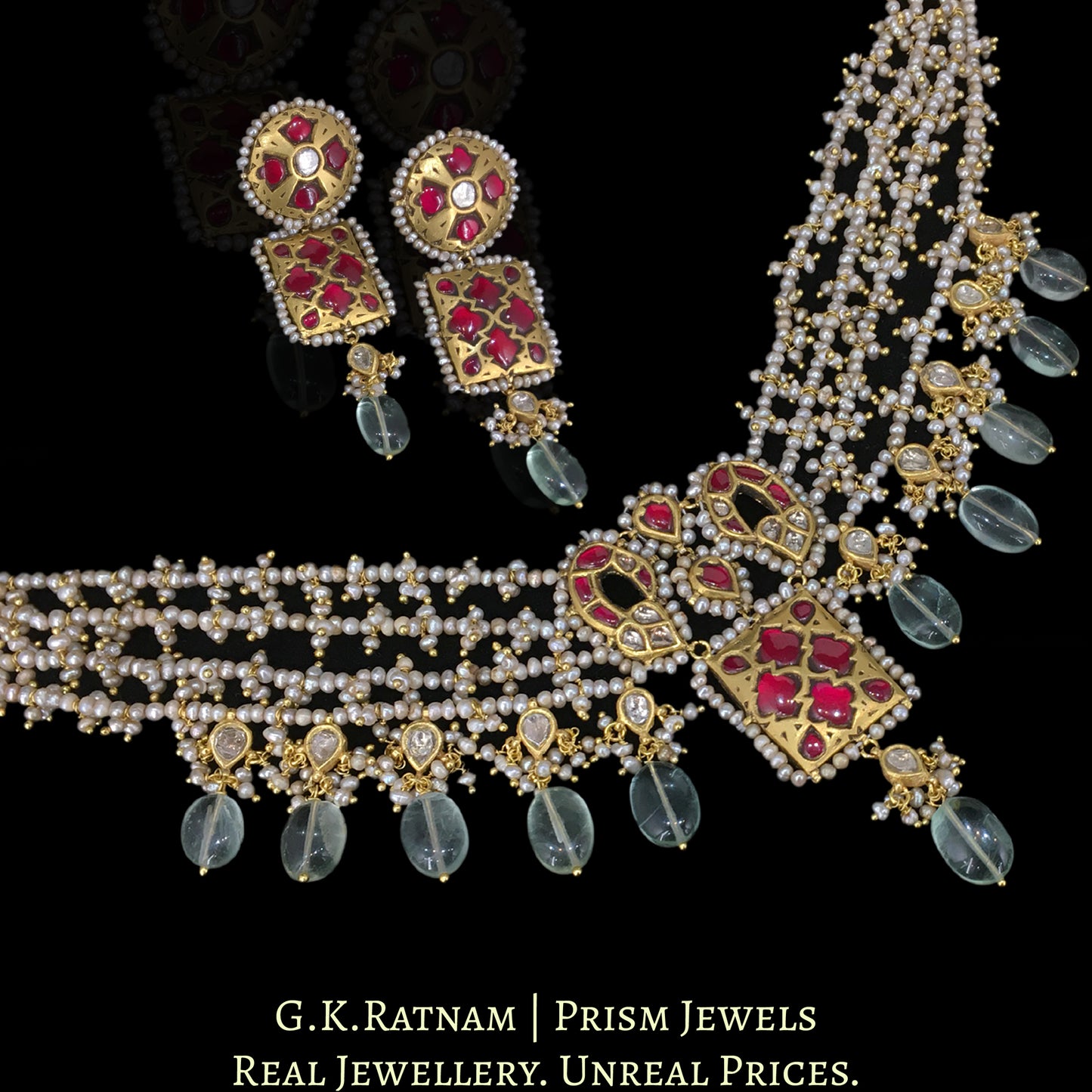 23k Gold and Diamond Polki Choker Necklace Set with Antiqued Hyderabadi Pearls