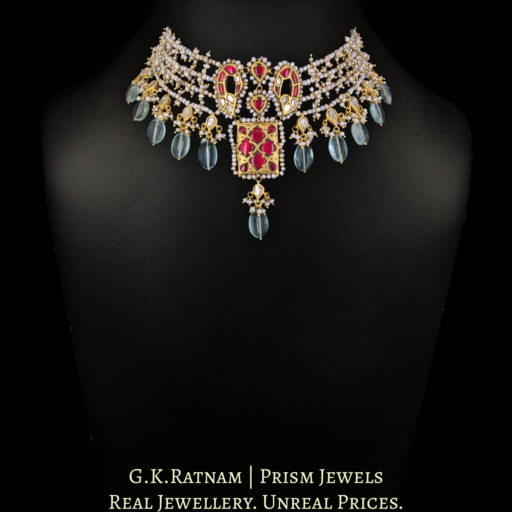 23k Gold and Diamond Polki Choker Necklace Set with Antiqued Hyderabadi Pearls