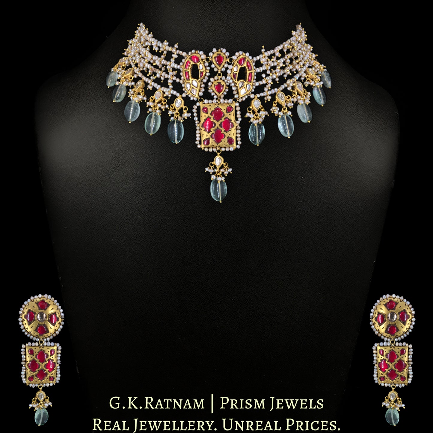 23k Gold and Diamond Polki Choker Necklace Set with Antiqued Hyderabadi Pearls