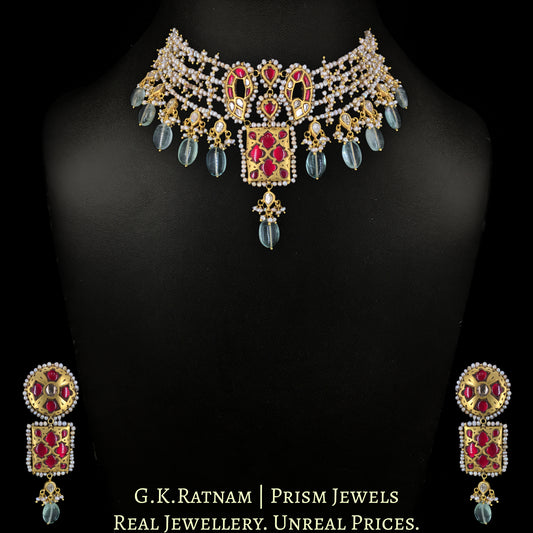 23k Gold and Diamond Polki Choker Necklace Set with Antiqued Hyderabadi Pearls