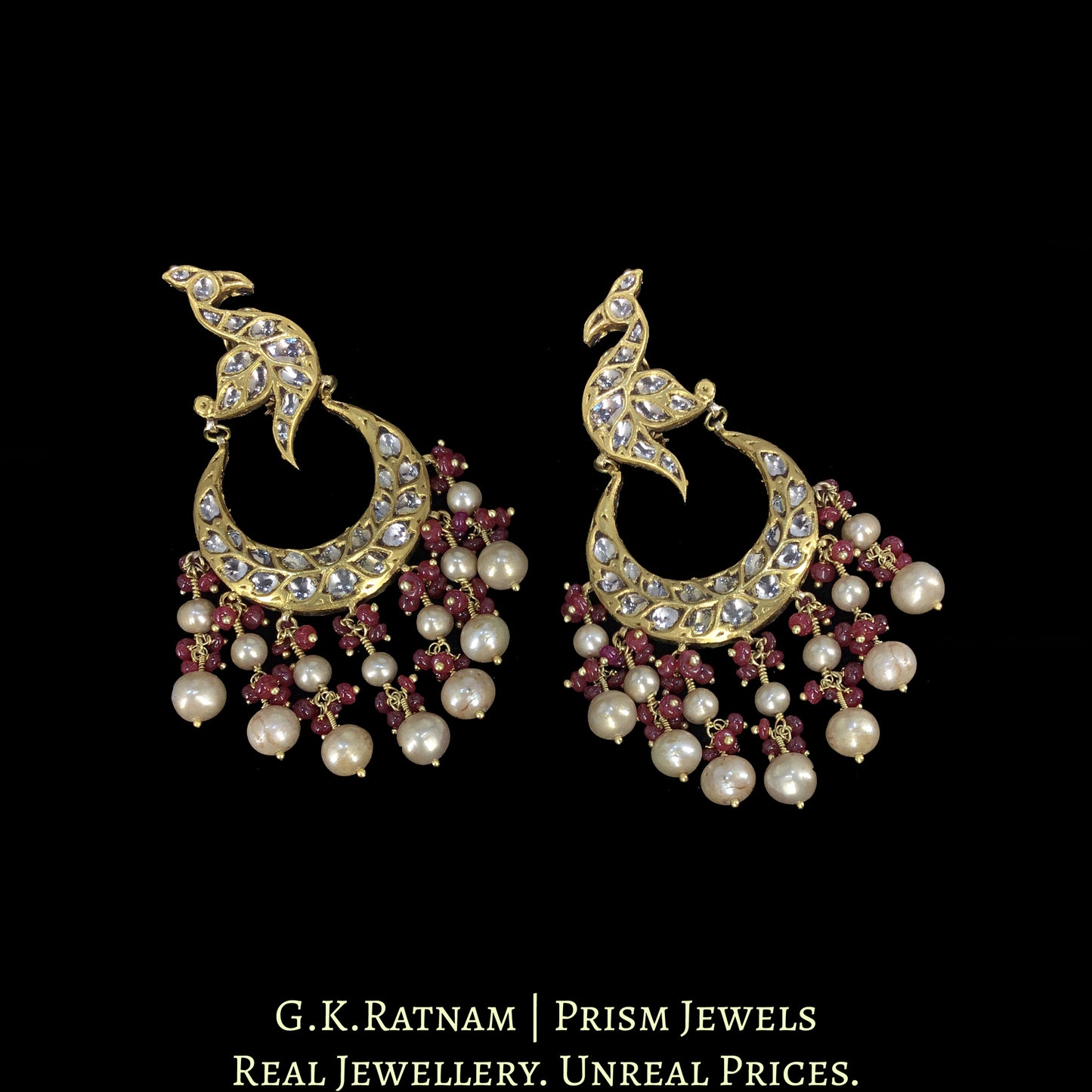 23k Gold and Diamond Polki Chand Bali Earring Pair with Peacock Motifs