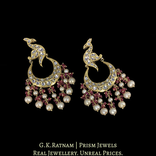 23k Gold and Diamond Polki Chand Bali Earring Pair with Peacock Motifs