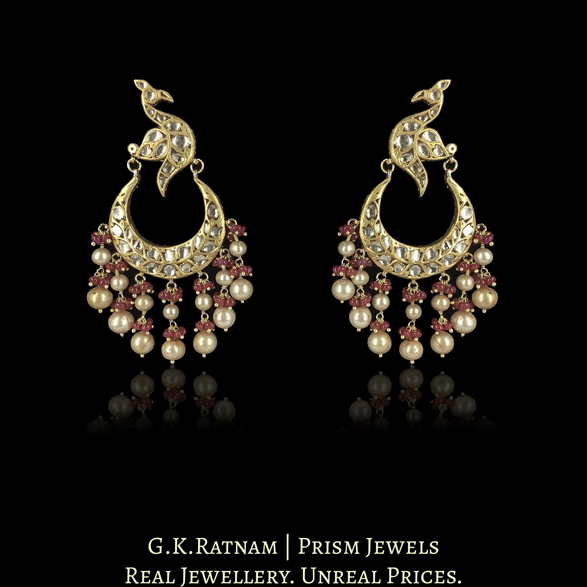 23k Gold and Diamond Polki Chand Bali Earring Pair with Peacock Motifs