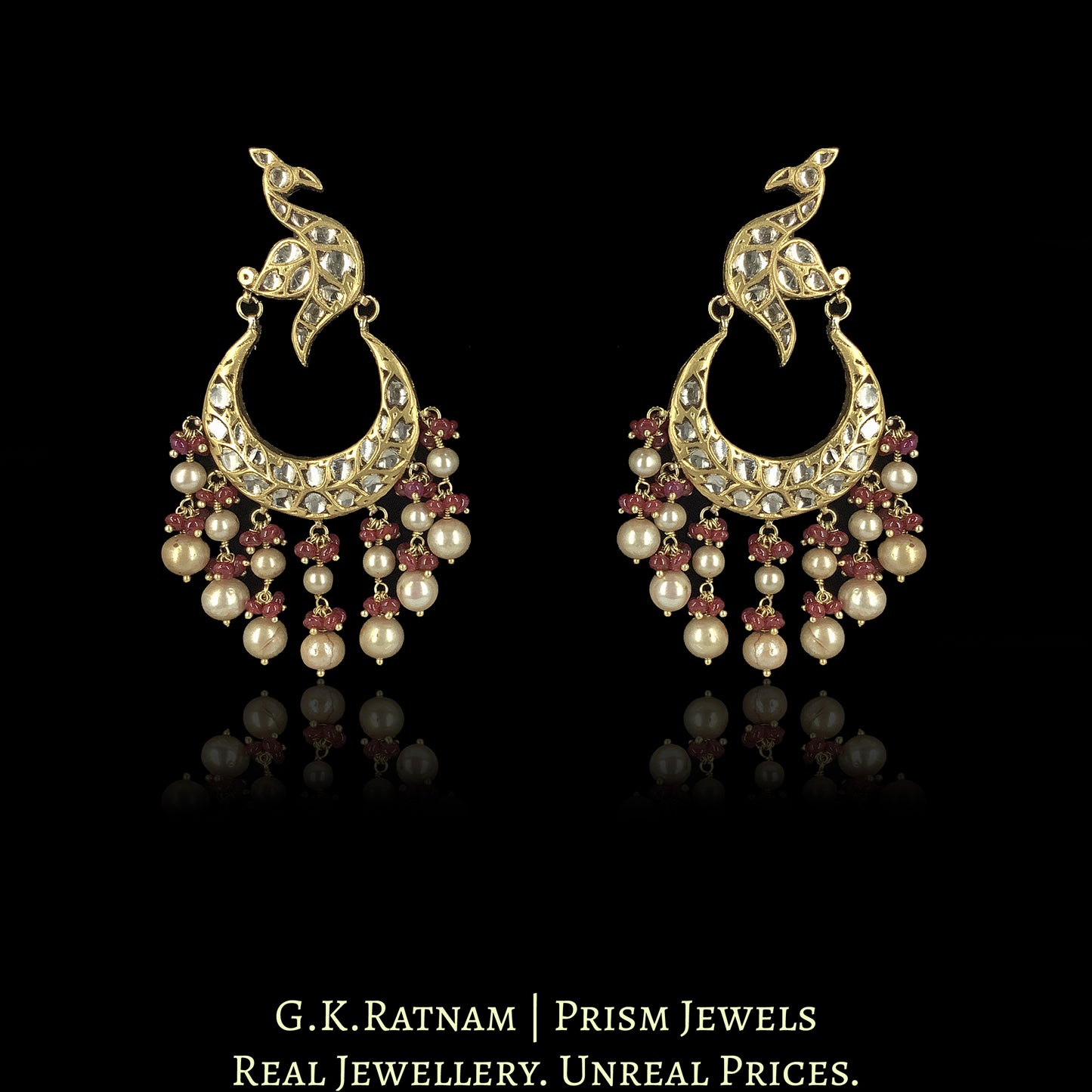 23k Gold and Diamond Polki Chand Bali Earring Pair with Peacock Motifs