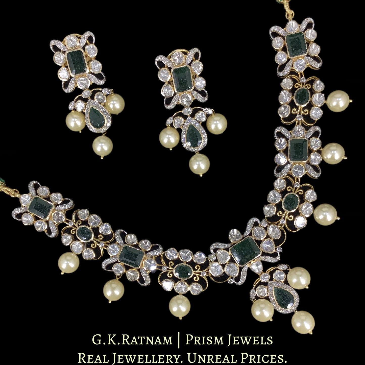 18k Gold And Diamond Polki Open Setting Necklace Set with emerald-green Beryls