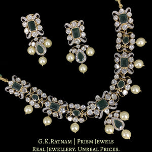 18k Gold And Diamond Polki Open Setting Necklace Set with emerald-green Beryls