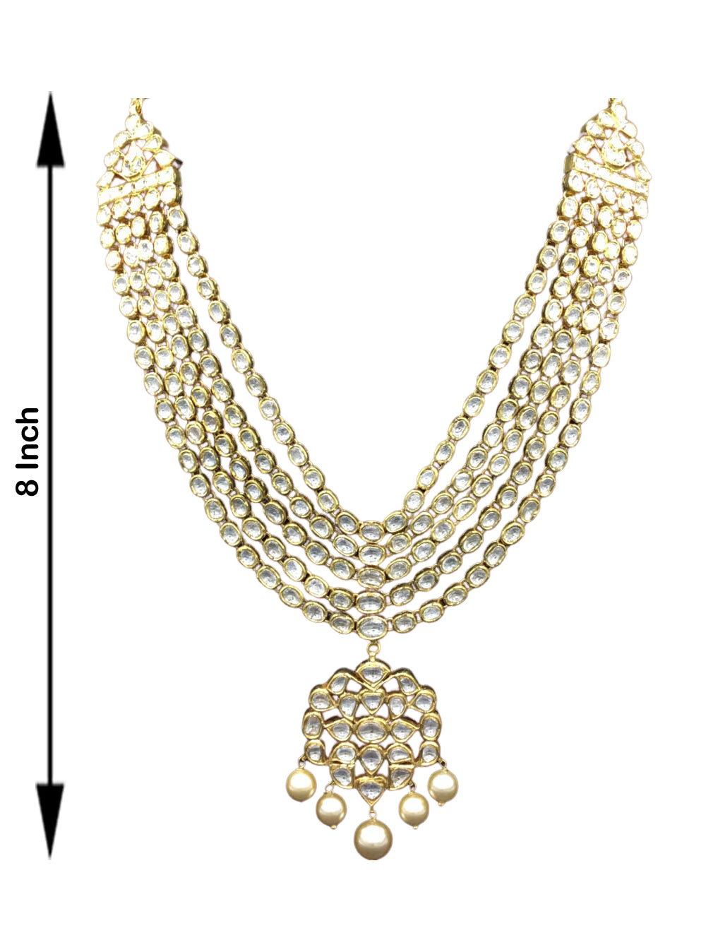 Traditional Gold and Diamond Polki five-line Necklace Set with south-sea-like pearls - G. K. Ratnam